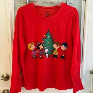 Peanuts Red Long Sleeve Tee with Christmas Tree Design Snoopy Charlie Brown